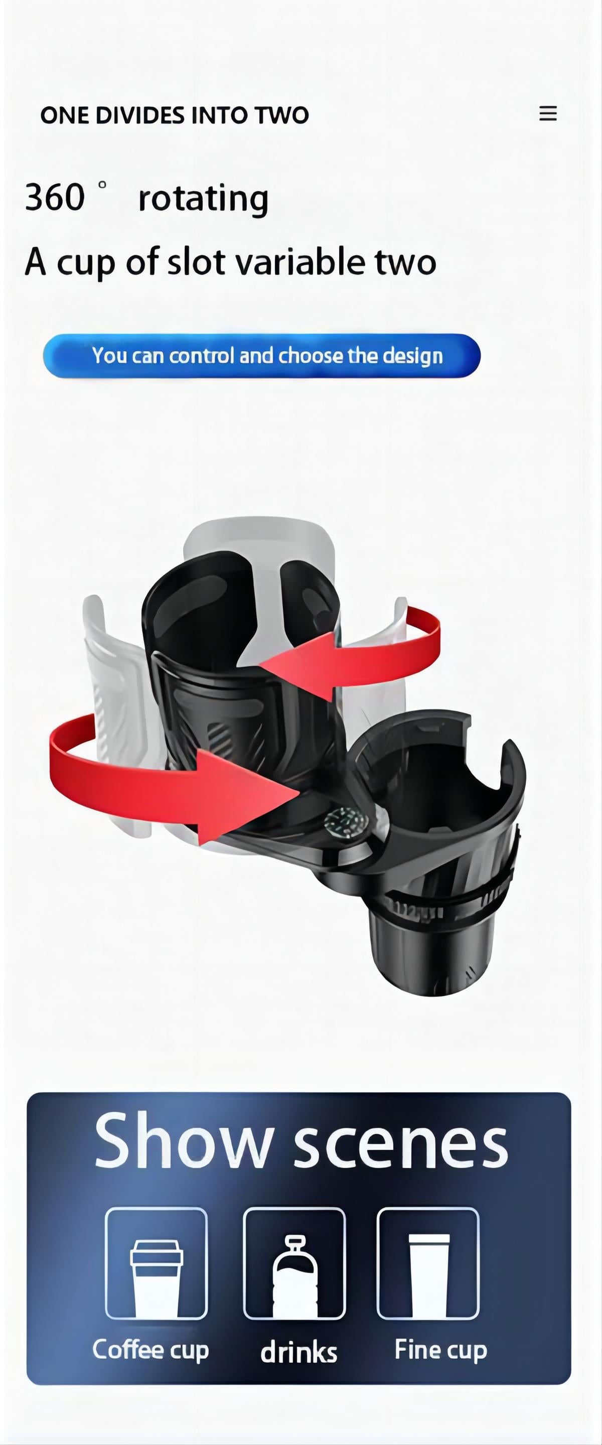 2 in 1- Car Cup Holder With Compass - 360 Rotating & Expandable